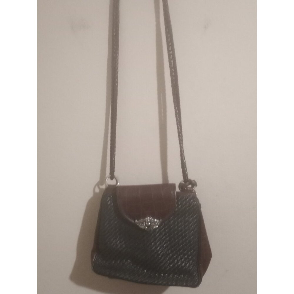 Vintage Brighton Black Brown Leather Woven Croc Medium M Crossbody Shouldbag